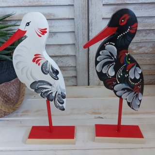 Dekoracja Figurka Bociana Czarny Drewniany Bocian Na Nóżce