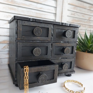 Szkatułka Na Biżuterię Drewniana Mini Komoda z Szufladami Na Drobiazgi