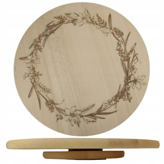 Obrotowa Drewniana Patera ze Wzorem Ziół – Deska do Serwowania z Drewna Bukowego (Średnica 35 cm)