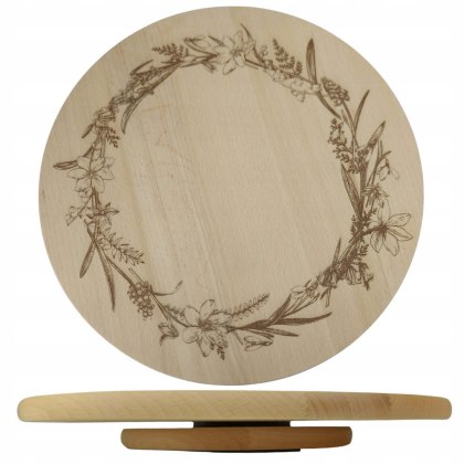 Obrotowa Drewniana Patera ze Wzorem Ziół – Deska do Serwowania z Drewna Bukowego (Średnica 35 cm)