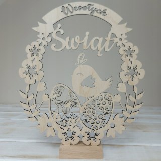 Drewniane Jajko Wielkanocne na Bukowej Podstawce 30 cm – Ręcznie Zdobione Laserowe Wykończenie