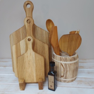 Kompletny Zestaw Kuchenny z Drewna Dębowego i Czereśniowego: Deski, Sztućce, Organizer + Olej