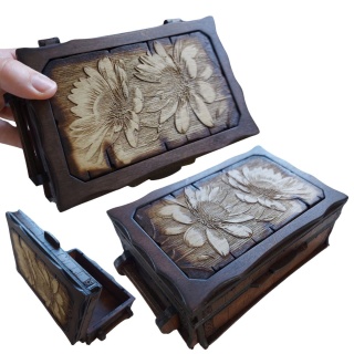 Drewniana Szkatułka z Rumiankami - Ręcznie Wykonane Pudełko z Trójwymiarowym Grawerunkiem - Naturalne Rękodzieło