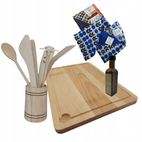 Profesjonalny Zestaw Kuchenny z Drewna Bukowego: Deska, Akcesoria, Olej + Ściereczki