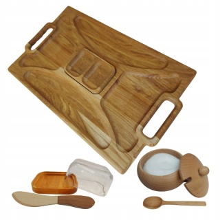 Zestaw do Serwowania z Drewna Dębowego i Czeresniowego: Taca, Maselniczka, Cukierniczka, Nóż