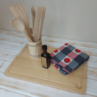 Profesjonalny Zestaw Kuchenny z Drewna Bukowego: Deska, Akcesoria, Olej + Ściereczki