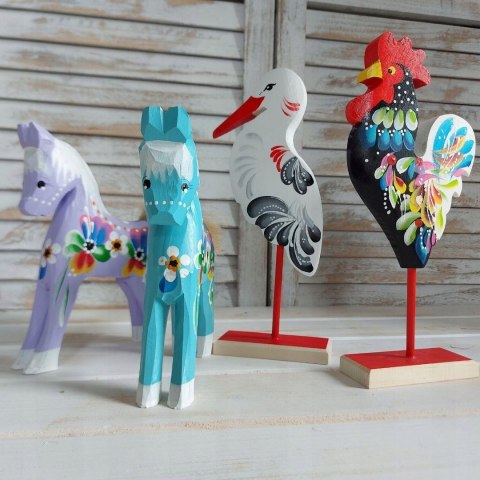 Bocian na Palu Ręcznie Malowany Duży Drewniana Figurka Dekoracyjna 33cm