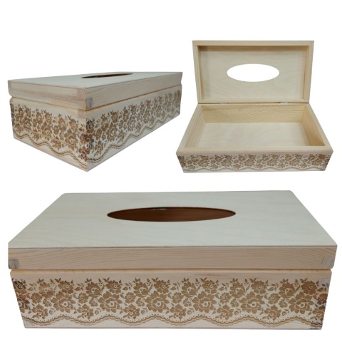 Drewniane Pudełko na Chusteczki z Grawerem Koronkowym | Marka YOLLI