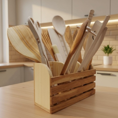 Drewniany Organizer Kuchenny | Stojak na Sztućce i Przybory | Yolli