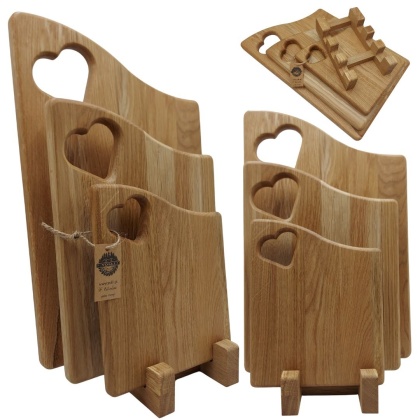 Zestaw Desek Do Krojenia na Stojaku Trzy Dębowe Deski z Sercem