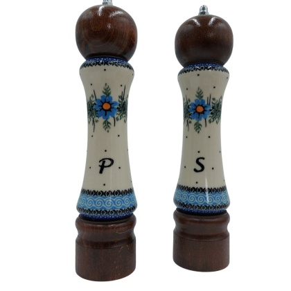 Młynek do Pieprzu i Soli Drewniany Ceramiczny Naturalny Brązowy– Zestaw 2 szt. Ręcznie Malowane