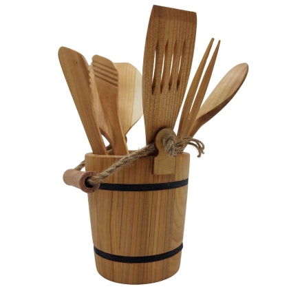 Zestaw Kuchenny z Drewna Czereśniowego Wiaderko z Akcesoriami do Gotowania