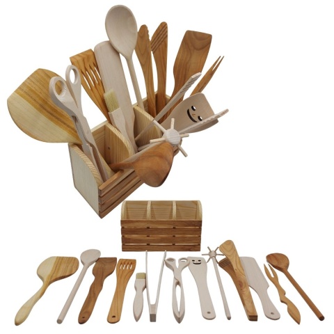 Zestaw Drewnianych Przyborów Kuchennych z Organizerem |14 Elementów, Idealny na Prezen