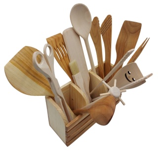 Zestaw Drewnianych Przyborów Kuchennych z Organizerem |14 Elementów, Idealny na Prezen