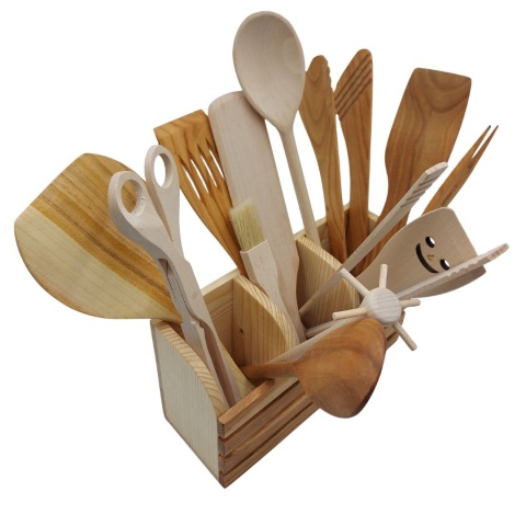 Zestaw Drewnianych Przyborów Kuchennych z Organizerem |14 Elementów, Idealny na Prezen