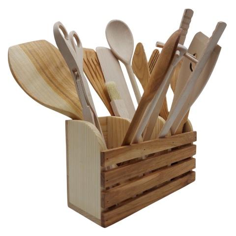 Zestaw Drewnianych Przyborów Kuchennych z Organizerem |14 Elementów, Idealny na Prezen